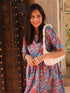 Blue Cotton Floral Print Flared Western Dress